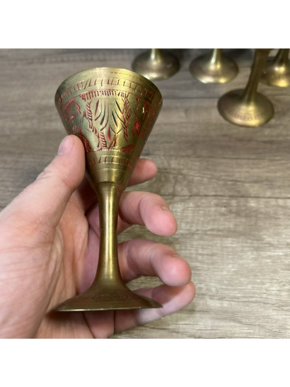 Set Of 5 Brass Goblets Hand-Etched Decorative Red Detailing Vintage Drinkware - Picture 3 of 9